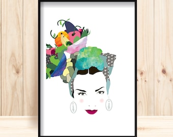 Carmen Miranda Print, Printable Art, Digital Illustration Download, Carmen Miranda Portrait, Tropical Fruit Printable, Pop Culture Wall Art