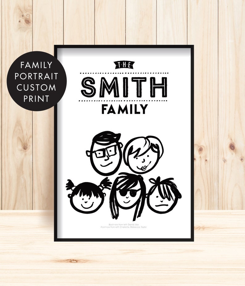 May include: Black and white illustration of a family portrait with the text "The Smith Family". The illustration features five people with simple, cartoon-like faces.