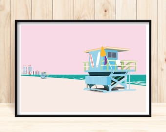 Miami Beach, Summer Prints, Lifesaving Building, Summer Wall Art, Pastel Tones, Retro Beach Prints, Miami Wall Art, Florida, Beach Downloads