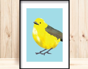 May include: A yellow bird with a gray head and wings is perched on a light blue background. The bird is facing to the left and has a small beak.