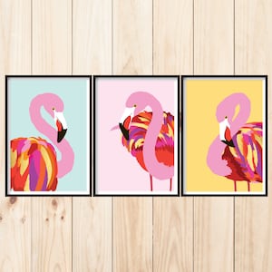 Flamingo Print Set of 3, Bird Triptych Printable, Tropical Wall Art Set, Flamingoes Print Set, Baby Girl Wall Art, Nursery Wall Art Set of 3