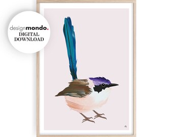 Fairy Wren australiana de coroa roxa para impressão, download de Fairy Wren, arte de pássaros para berçário, pássaros australianos, ilustração de Fairy Wren,