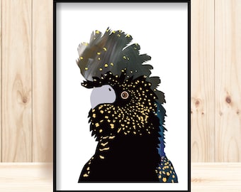 Black Cockatoo Prints, Black Cockatoo Illustration, Cockatoo Wall Art, Australian Cockatoo Print, Cockatoo Printable, Black Cockatoo Poster