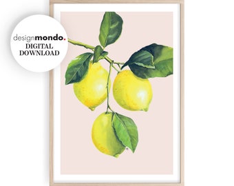 Lemons Watercolour Print, Kitchen Printable, Fruit & Botanical Watercolour Art, Lemons Illustration Download, Kitchen Wall Art, Citrus Print