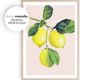 Impressão em aquarela de limões, impressão de cozinha, arte em aquarela de frutas e botânica, download de ilustração de limões, arte de parede de cozinha, impressão cítrica