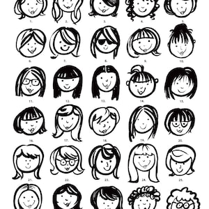 May include: A black and white illustration of 30 different female faces with various hairstyles and expressions. Each face is numbered 1 through 30.