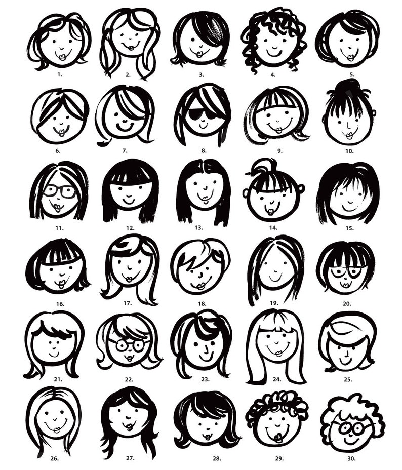 May include: A black and white illustration of 30 different female faces with various hairstyles and expressions. Each face is numbered 1 through 30.
