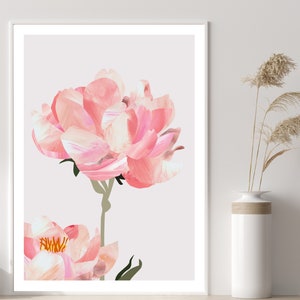 May include: A framed print of a pink peony flower with a white background. The flower is in focus and the background is blurred.
