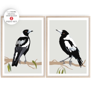 Magpies Set of 2 Prints, Australian Magpies Downloads, Pair of Magpies Wall Art, Australian Native Bird Prints, 2 Print Set, Magpies on Tree