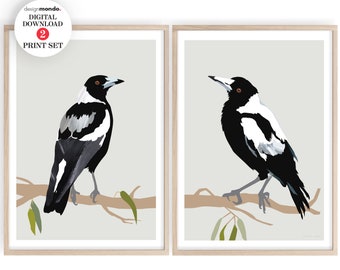 Conjunto de 2 estampas de pegas, downloads de pegas australianas, arte de parede de par de pegas, estampas de pássaros nativos australianos, 2 conjuntos de estampas, pegas na árvore