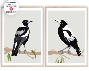 Magpies Set of 2 Prints, Australian Magpies Downloads, Pair of Magpies Wall Art, Australian Native Bird Prints, 2 Print Set, Magpies on Tree