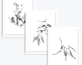 Nature Print Set of 3, Eucalyptus Leaves Triptych, Gum Tree Prints, Botanical Print Set, Gum Leaves Wall Art, Black & White Botanical Prints