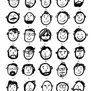 May include: Black and white line drawings of 30 different faces. Each face is a circle with various facial features, including hair, eyes, nose, mouth, and facial hair. The faces are numbered 31 through 60.