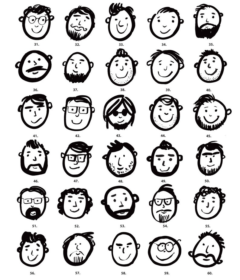 May include: Black and white line drawings of 30 different faces. Each face is a circle with various facial features, including hair, eyes, nose, mouth, and facial hair. The faces are numbered 31 through 60.