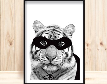 Impresión animal para guardería, arte de pared de tigre, tigre enmascarado, guardería divertida imprimible, guardería de superhéroes, arte de superhéroes para niños, fotografía de tigre