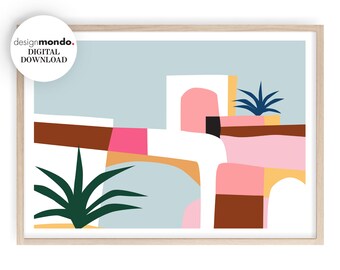 Ilustração marroquina abstrata, decoração de parede Boho, arte em telhados e palmeiras, arte abstrata em parede, ilustração original, arte abstrata para impressão
