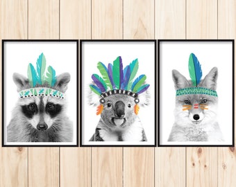 Nursery Print Set, Woodlands Animal Wall Art, Print Set of 3, Indian Feathers, Nursery Wild Animals, Raccoon, Fox, Koala, Animal Print Set