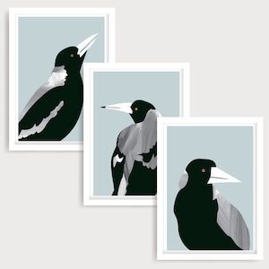 Bird Prints, Set of 3 Bird Prints, Magpie Print Set, Australian Birds Wall Art, Printable Bird Set, Magpie Wall Decor, Bird Triptych,
