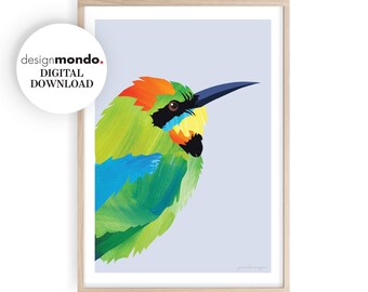 Impressões de abelha-comedor de arco-íris, arte de parede de pássaros australianos, download de pássaros coloridos, decoração de florestas, arte de pássaro abelharuco, pintura original de pássaro,