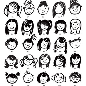 May include: Black and white line drawings of 25 different female faces with various hairstyles, including braids, buns, and ponytails. Each face has a simple smile and is numbered from 86 to 110.