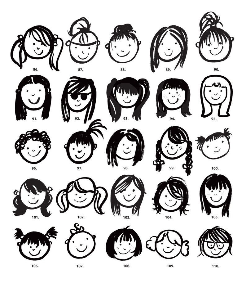 May include: Black and white line drawings of 25 different female faces with various hairstyles, including braids, buns, and ponytails. Each face has a simple smile and is numbered from 86 to 110.