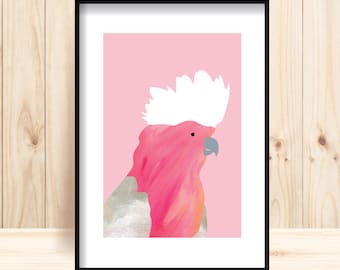 Printable Cockatoo, Pink Bird Printable, Pink Galah Wall Art, Pink Galah Printable, Australian Bird Prints, Pink and Grey Decor, Galah Print