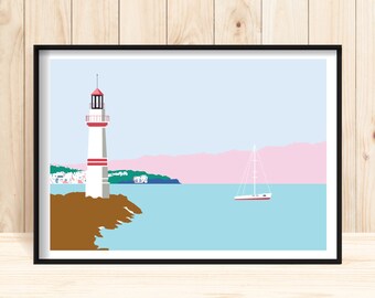 Lighthouse Wall Art, Lighthouse Prints, Beach Scene Prints, Sailing Boat Prints, Pastel Tones, Beach House Prints, Seaside Wall Art, Resorts