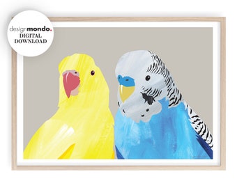 Estampas de periquito, estampas de pássaros, estampa de periquito azul, arte de periquito amarelo, arte de parede de pássaros do amor, estampas de berçário de pássaros, arte original de pássaros,