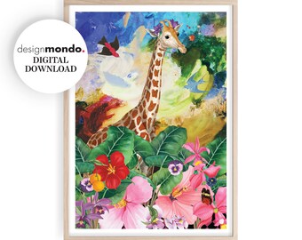 Giraffe Prints, Girls Boho Wall Decor, Surrealist Art, Eclectic Nature Print, Fantasy Printable, Girls Fantasy Prints, Boho Nature Wall Art