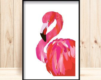 May include: A pink flamingo with red and pink feathers, illustrated in a watercolor style against a white background.