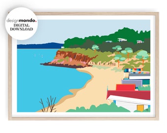 Impressões australianas, arte de parede de praia da Península de Mornington, decoração de parede de casa de praia, download de pôster da costa australiana, praia colorida para impressão
