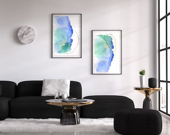 Colorful Green and Blue Abstract Art Print Set