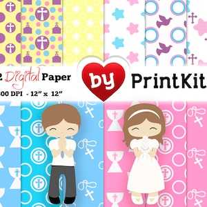 Puede incluir: Una colección de 12 papeles digitales con temas religiosos. Los papeles presentan patrones de cruces, palomas, cálices y estrellas en varios colores. La imagen incluye el texto "12 Digital Paper - 12" x 12"" y la marca "PrintKits".