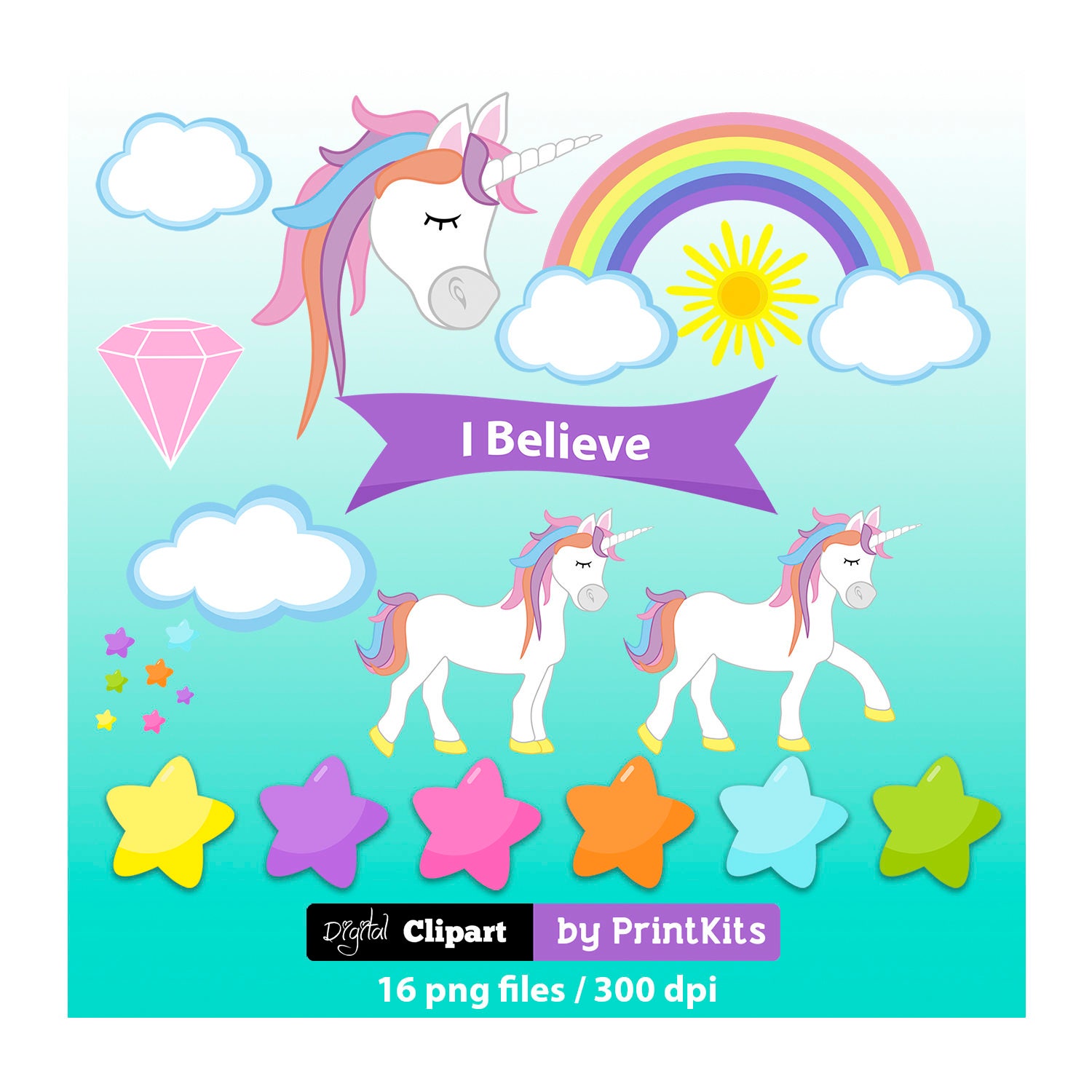 Cute Unicorn Clipart Rainbow Unicorn Clip Art Unicorns Party Etsy
