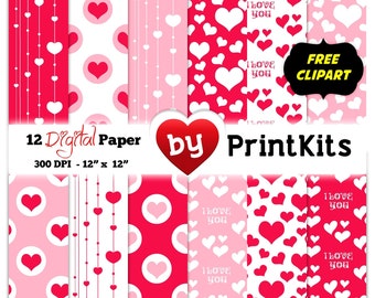 Valentine's Digital Paper Pack, Valentine's Day Deco, Love Hearts Pattern Seamless Background Planner and more.