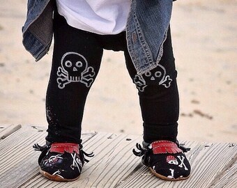Skull and Cross Bone Leggings Pirate Costume Hand Painted Childrens Leggings Custom Toddler Leggings Womens Leggings