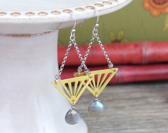 Labradorite Earrings, Triangle Earrings Geometric Earrings, Labradorite Chandelier Earrings, Silver Gold Earrings, Geometric Earrings