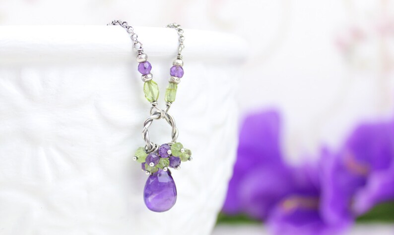 Gemstone Cluster Necklace Amethyst Necklace Peridot Necklace Gemstone Briolette Necklace Sterling Silver