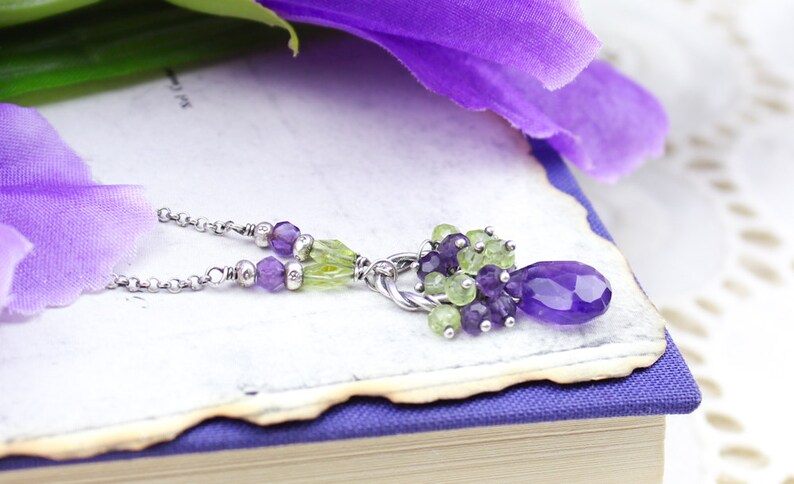 Gemstone Cluster Necklace Amethyst Necklace Peridot Necklace Gemstone Briolette Necklace Sterling Silver