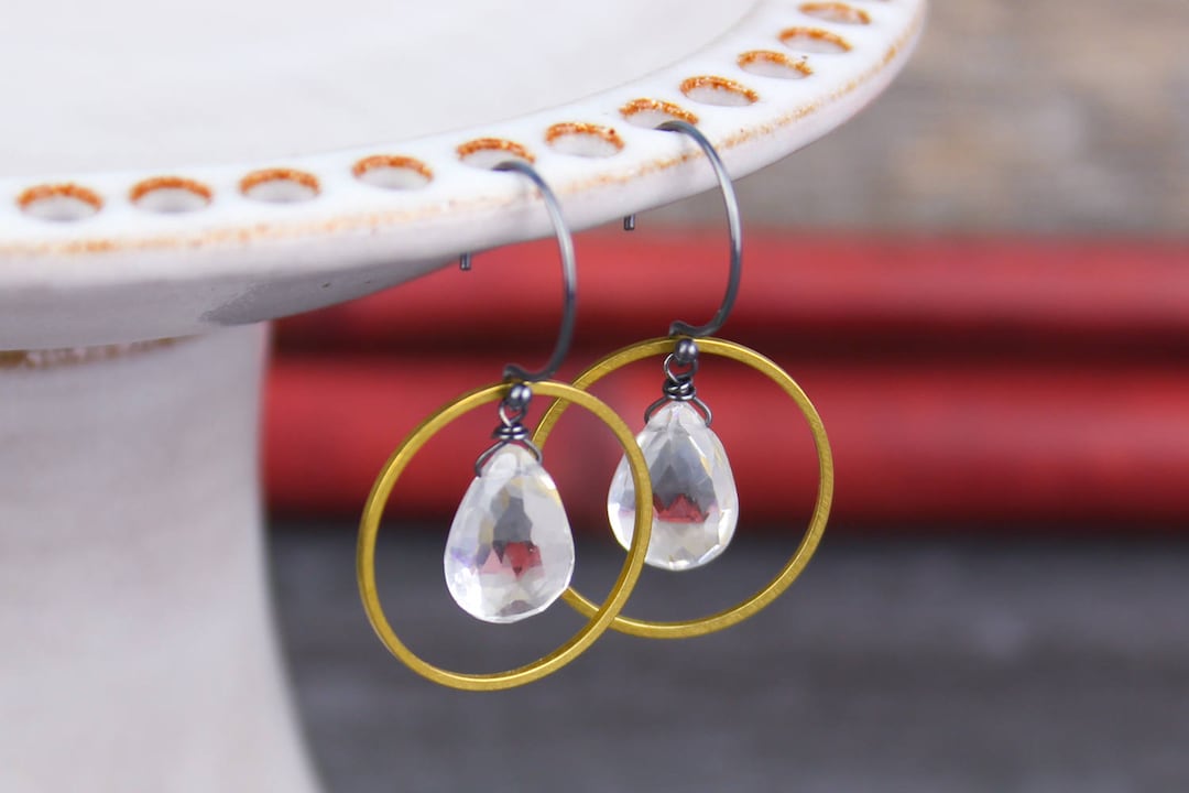 Quartz Crystal Earrings Quartz Hoop Earrings Black and Gold Etsy