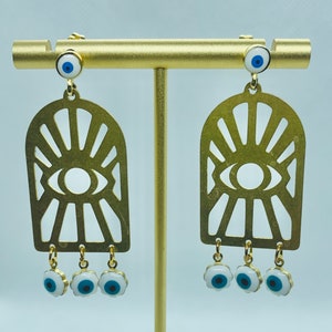 Turkish-Middle Eastern evil eye window pane gold vermeil chandelier drop earrings