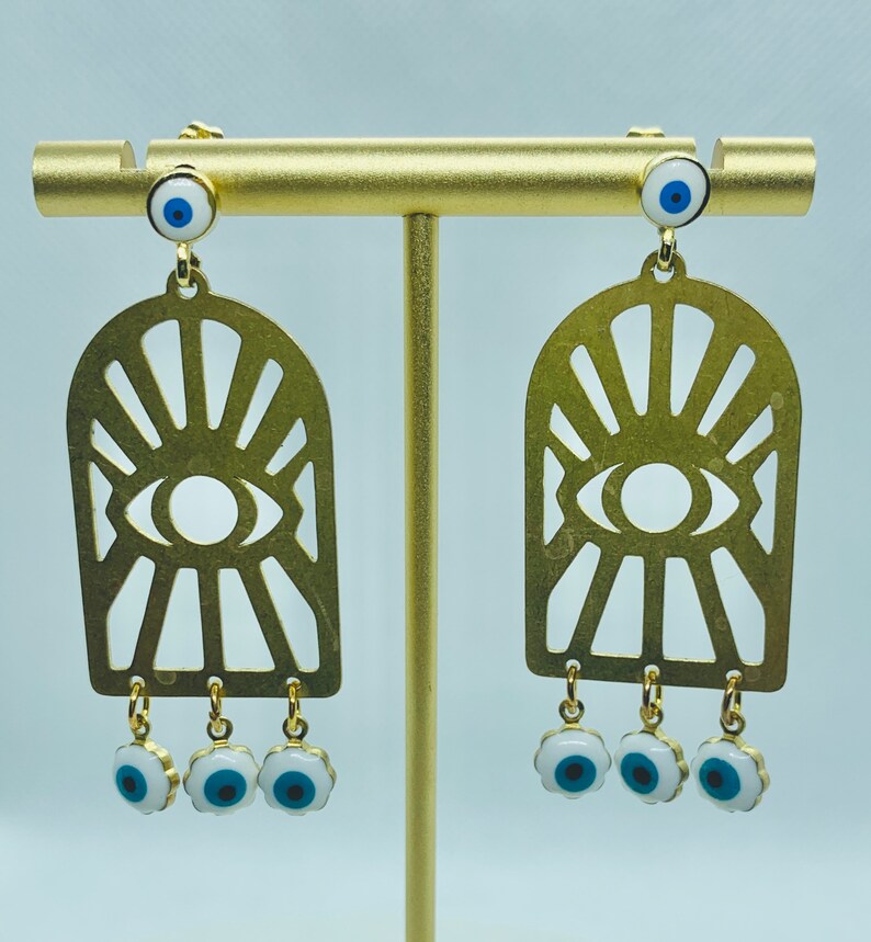 Turkish-Middle Eastern evil eye window pane gold vermeil chandelier drop earrings