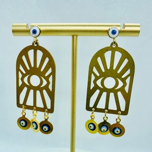 NEW COLOR Turkish-Middle Eastern blue evil eye window pane gold vermeil chandelier drop earrings