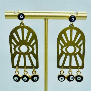NEW COLOR Turkish-Middle Eastern black evil eye window pane gold vermeil chandelier drop earrings