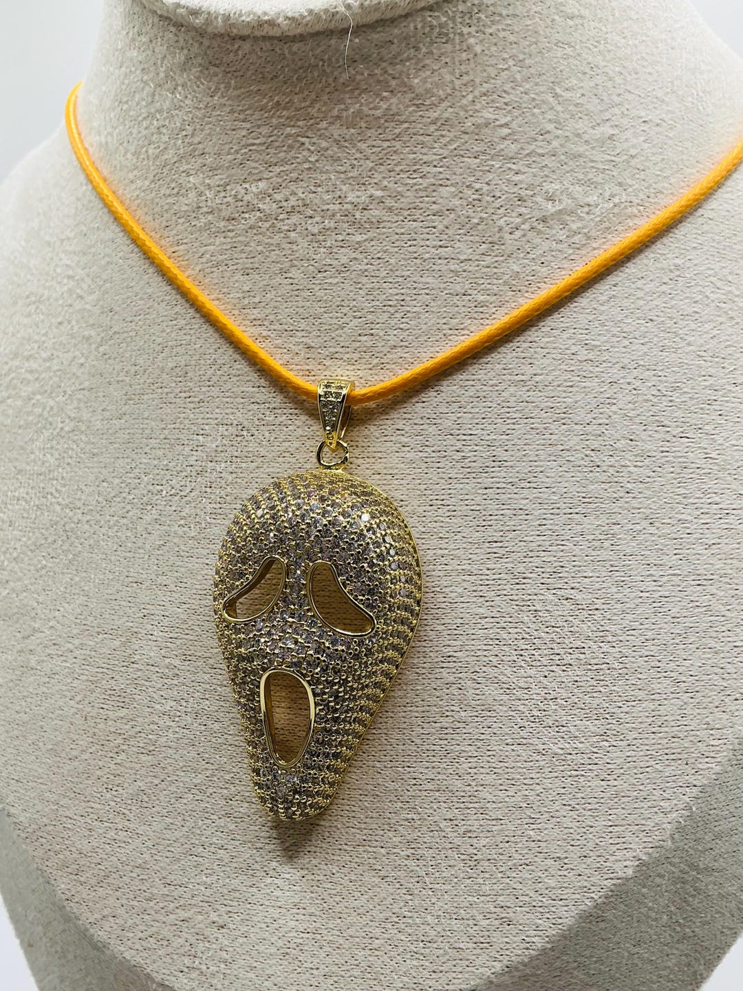 Gold Plated Rhinestone Scream Mask Statement Pendant in a Yellow ...