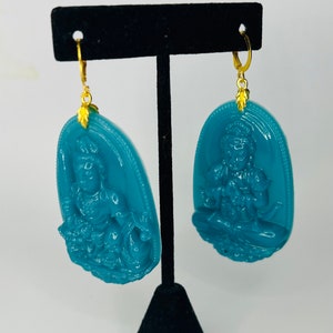 Striking deep turquoise blue Chinese amulet resin chandelier statement earrings