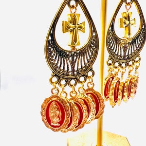 Gorgeous Our Lady Miracle Gold/Red chandelier earrings