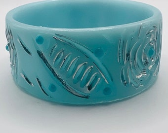 Bright Baby Blue Etched Resin Bracelet with rhinestone accent | Vintage Resin Bangle | Resin Jewelry | Blue Bracelet | Chunky Bracelet