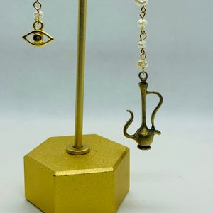 Mismatched - Mother of pearl drop earrings with middle eastern inspired vintage charm accent