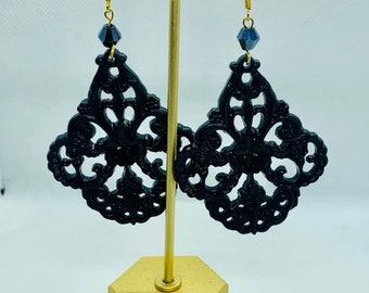 Smokey black acrylic filigree lace like drop chandelier earrings with Swarovski crystal accents